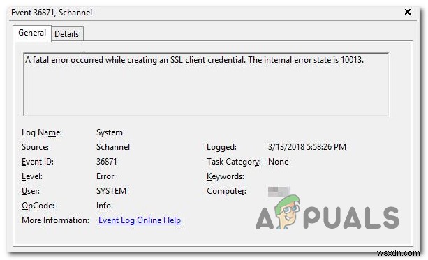 เกิดข้อผิดพลาดร้ายแรงขณะสร้างข้อมูลรับรองไคลเอ็นต์ SSL ใน Event Viewer 