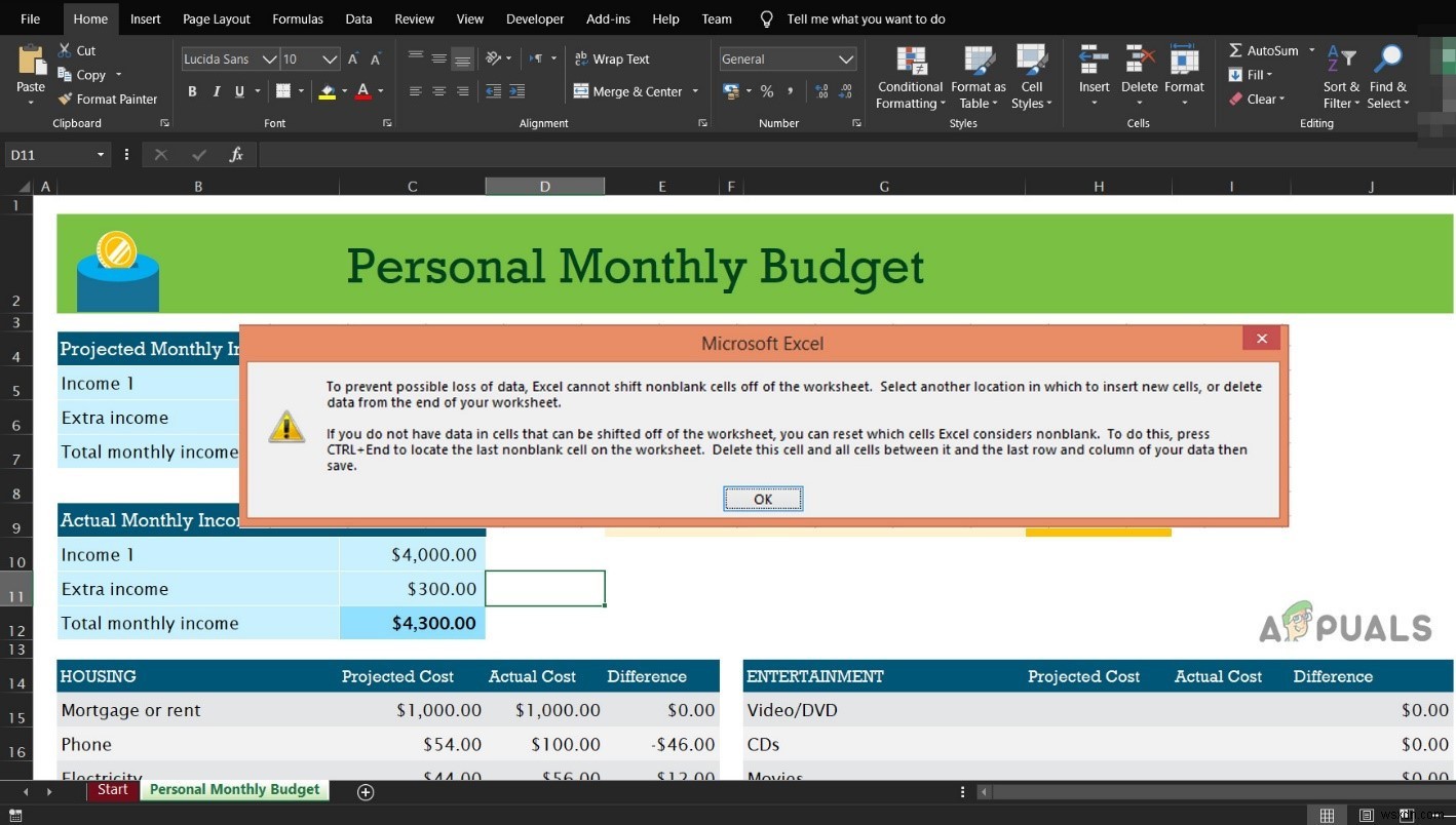 ไม่สามารถเพิ่มหรือสร้างเซลล์ใหม่ใน Excel 