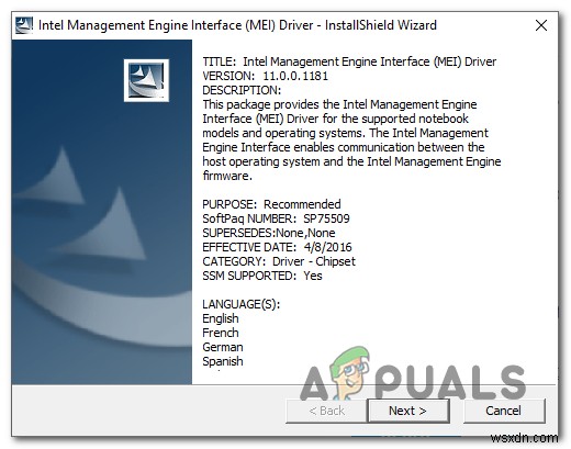 ข้อผิดพลาด 0x80240061 เมื่อติดตั้งไดรเวอร์อินเทอร์เฟซ Intel Management Engine 