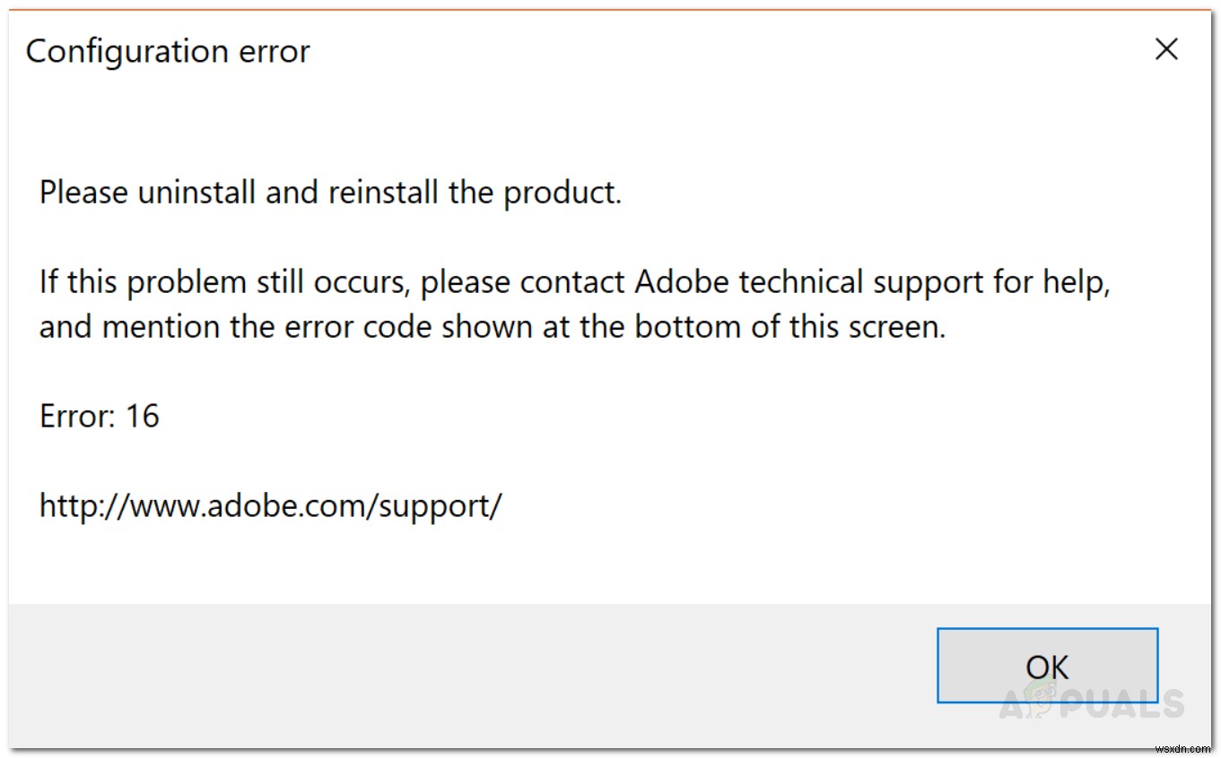 แก้ไข:Adobe Configuration Error 16  ถอนการติดตั้งและติดตั้งใหม่  