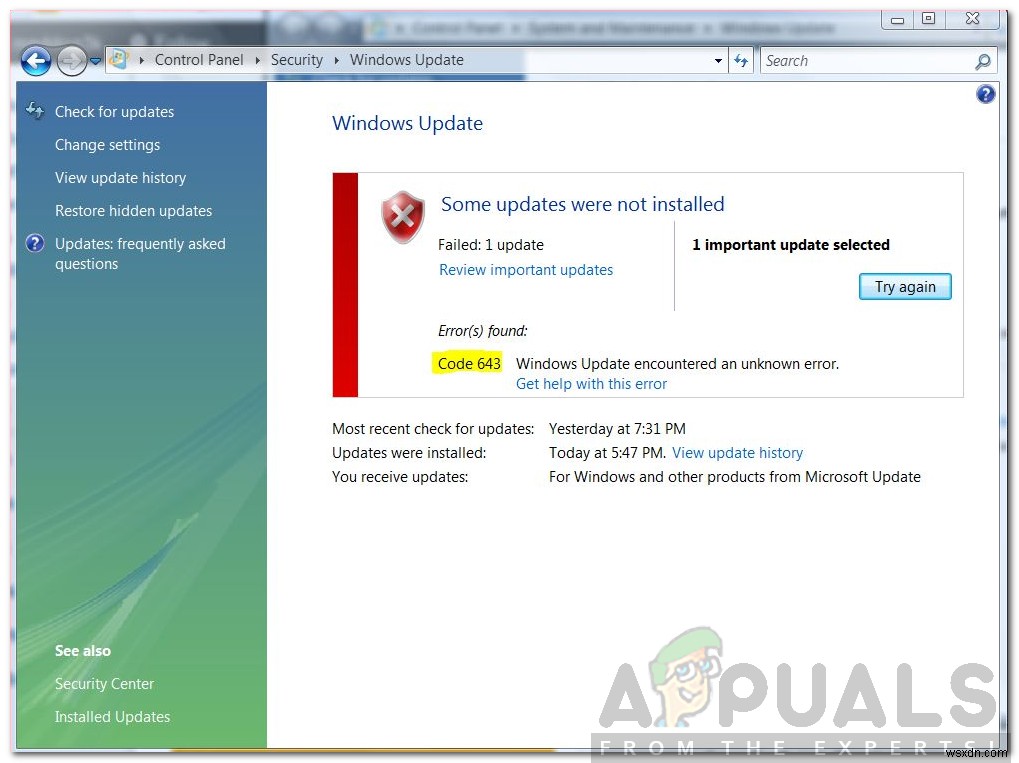 วิธีแก้ไข Windows Update Error Code 643 