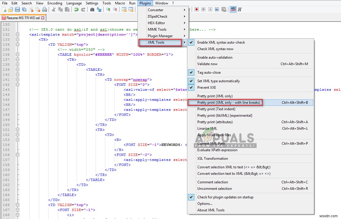 วิธีจัดรูปแบบ/เยื้องไฟล์ XML ใน Notepad++ 