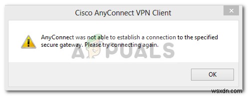 แก้ไข:AnyConnect ไม่สามารถสร้างการเชื่อมต่อกับเกตเวย์ที่ปลอดภัยที่ระบุได้ 