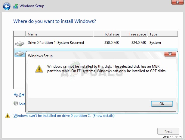 แก้ไข:ไม่สามารถติดตั้ง Windows ลงใน Disk . นี้ได้ 