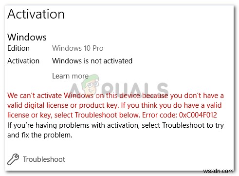 แก้ไข:ข้อผิดพลาดการเปิดใช้งาน Windows 10 0xc004f012 