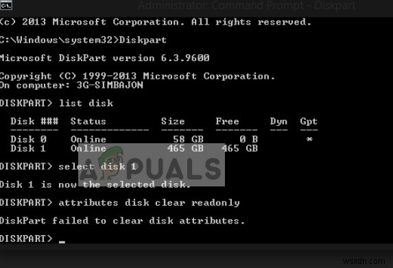 แก้ไข:Diskpart ไม่สามารถล้างแอตทริบิวต์ของดิสก์ได้ 