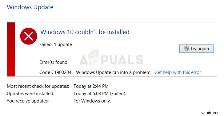 แก้ไข:ข้อผิดพลาด Windows Update 0xc1900204 