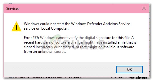 แก้ไข:ข้อผิดพลาดของ Windows Defender 577 