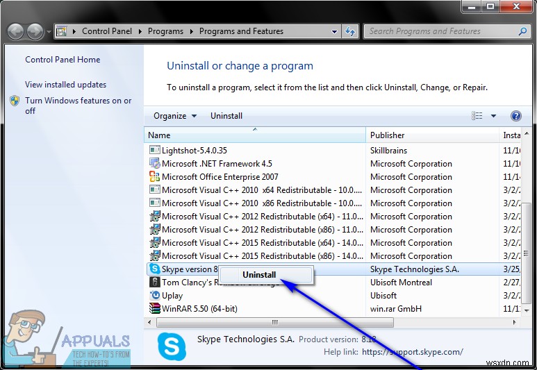 วิธีถอนการติดตั้ง Skype 