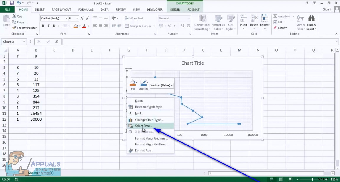 วิธีสลับแกนบนแผนภูมิกระจายใน Excel 