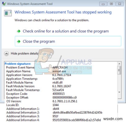 แก้ไข:เครื่องมือ  winsat.exe  การประเมินระบบของ Windows หยุดทำงาน ข้อผิดพลาด