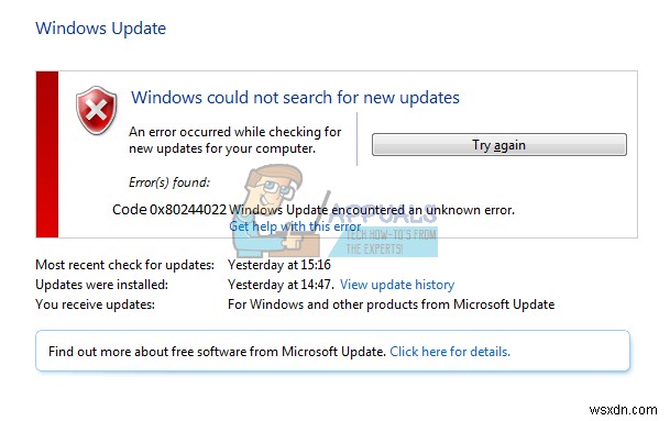 แก้ไข:รหัสข้อผิดพลาดของ Windows Update 0x80244022 