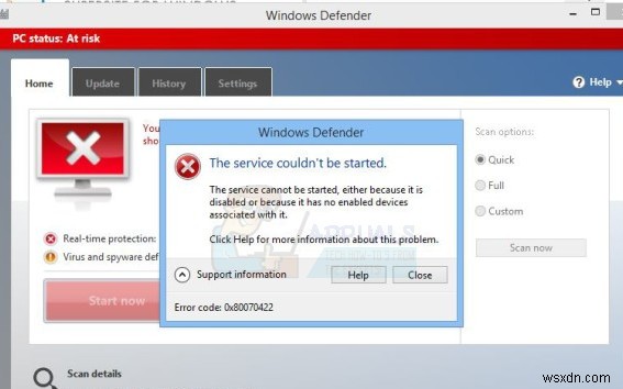 การแก้ไข:ข้อผิดพลาดของ Windows Defender ไม่สามารถเริ่มบริการได้ รหัสข้อผิดพลาด:0x80070422 