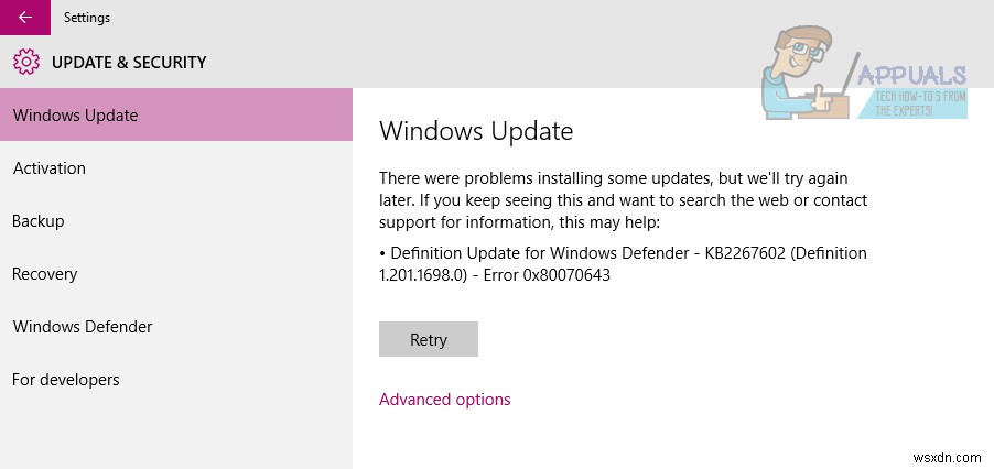 การแก้ไข:การอัปเดตข้อกำหนดสำหรับ Windows Defender ล้มเหลวโดยมีข้อผิดพลาด 0x80070643 