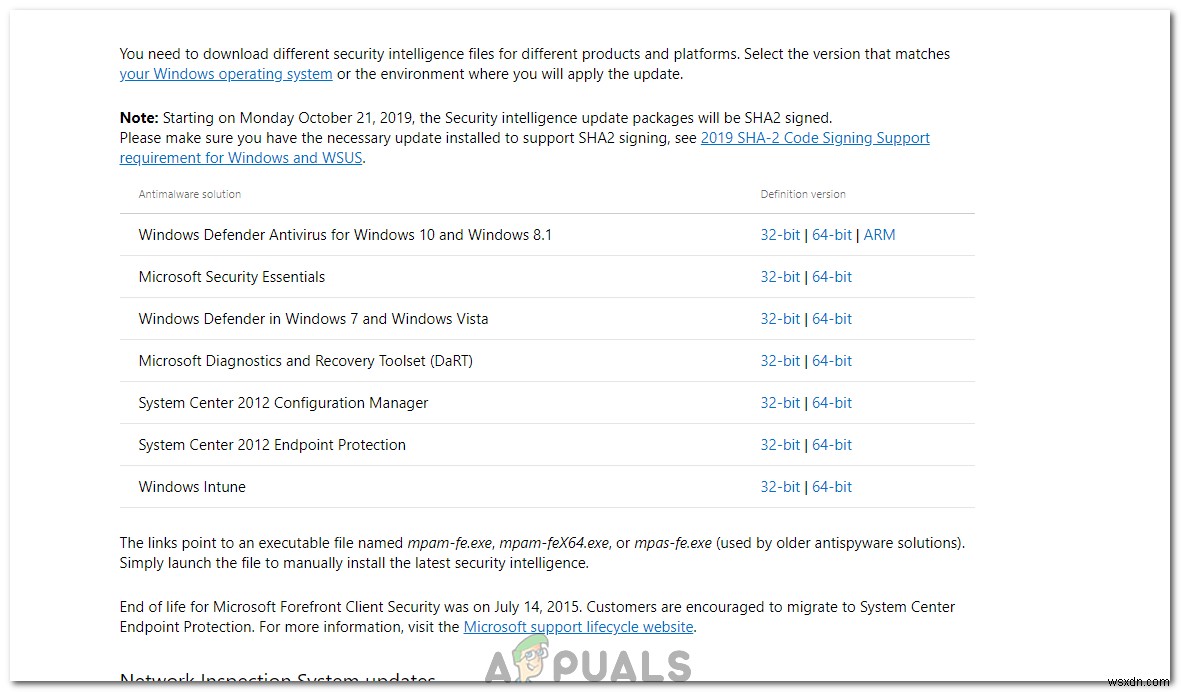 การแก้ไข:การอัปเดตข้อกำหนดสำหรับ Windows Defender ล้มเหลวโดยมีข้อผิดพลาด 0x80070643 