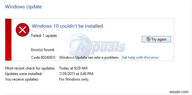 การแก้ไข:ไม่สามารถติดตั้ง Windows 10 ได้ ข้อผิดพลาด 80240031 