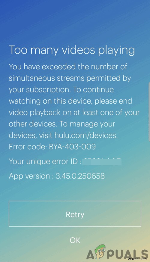 ข้อผิดพลาดในการเล่นวิดีโอมากเกินไป BYA-403-009 บน Hulu 