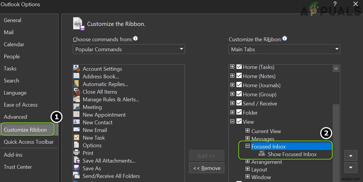 เปิดใช้งานหรือปิดใช้งานกล่องจดหมายเข้าที่โฟกัสใน Outlook (WEB) 