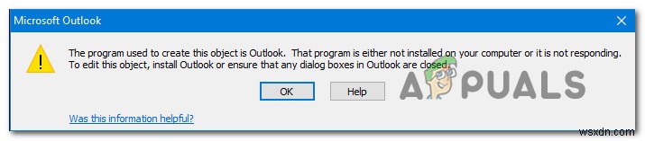 แก้ไข:ข้อผิดพลาดของ Outlook  โปรแกรมที่ใช้สร้างวัตถุนี้คือ Outlook  