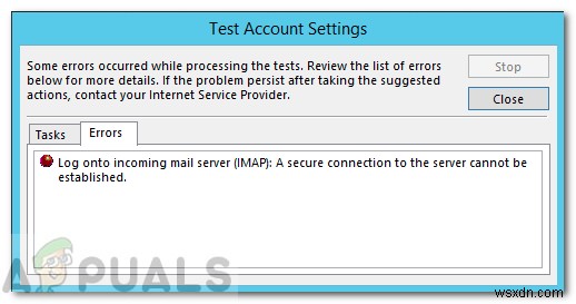 แก้ไข:ไม่สามารถสร้างการเชื่อมต่อที่ปลอดภัยไปยังเซิร์ฟเวอร์บน Outlook 