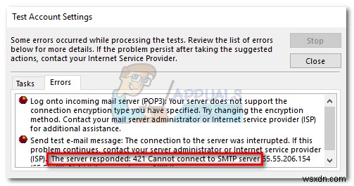 แก้ไข:421 ไม่สามารถเชื่อมต่อกับเซิร์ฟเวอร์ SMTP 