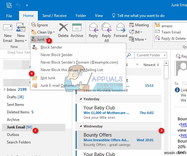 วิธีหยุด Outlook 2016 จากการย้ายอีเมลไปยังโฟลเดอร์ขยะหรือสแปม 