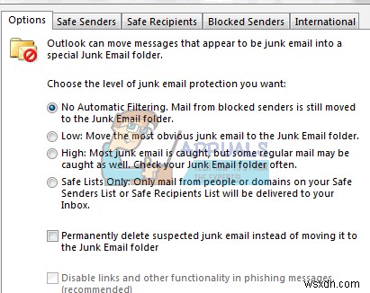 วิธีหยุด Outlook 2016 จากการย้ายอีเมลไปยังโฟลเดอร์ขยะหรือสแปม 