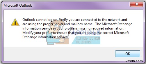 แก้ไข:Outlook ไม่สามารถเข้าสู่ระบบได้ ตรวจสอบว่าคุณเชื่อมต่อกับเครือข่ายและใช้ชื่อเซิร์ฟเวอร์และกล่องจดหมายที่ถูกต้อง 