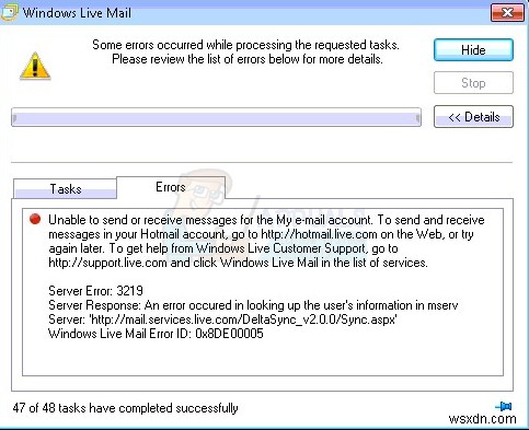 วิธีแก้ไขข้อผิดพลาดเซิร์ฟเวอร์อีเมล Windows Live 3219 (0x8DE00005) 