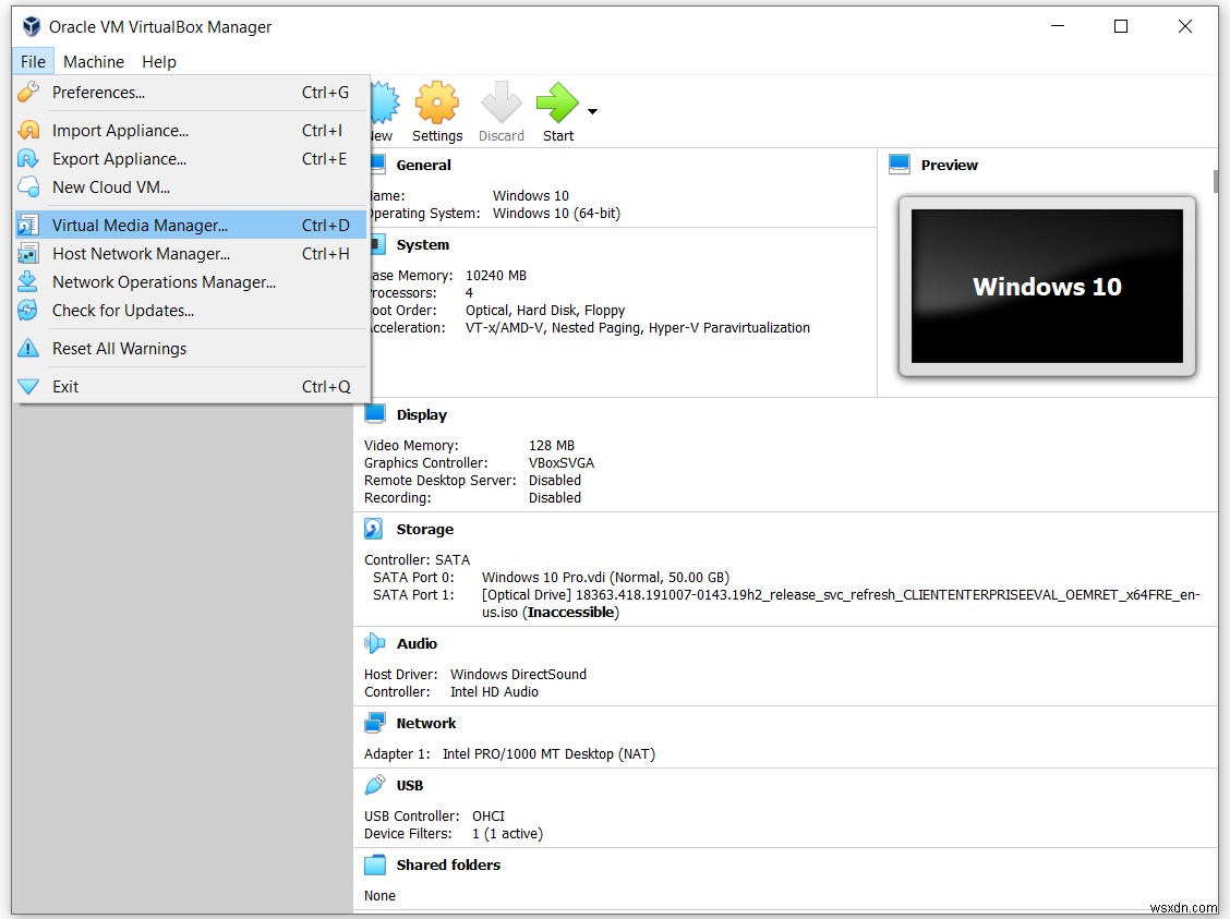 การใช้ Virtual Media Manager ใน Oracle VM VirtualBox 