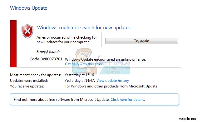 แก้ไข:รหัสข้อผิดพลาดของ Windows Update 0x80073701