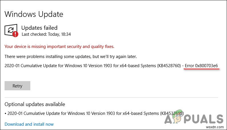 แก้ไข:รหัสข้อผิดพลาดของ Windows Update 0x800703E6 
