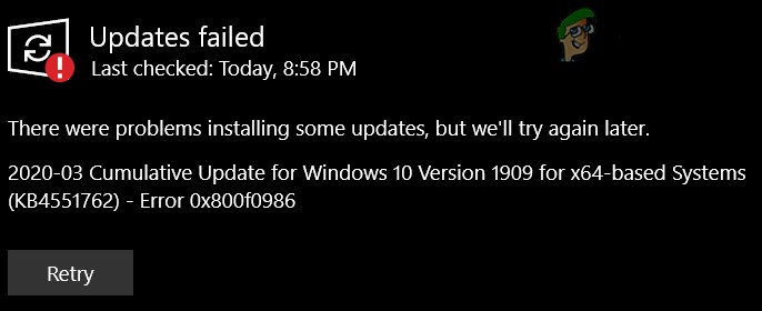 [แก้ไข] Windows ไม่สามารถติดตั้งการอัปเดตต่อไปนี้โดยมีข้อผิดพลาด 0x800F0986 