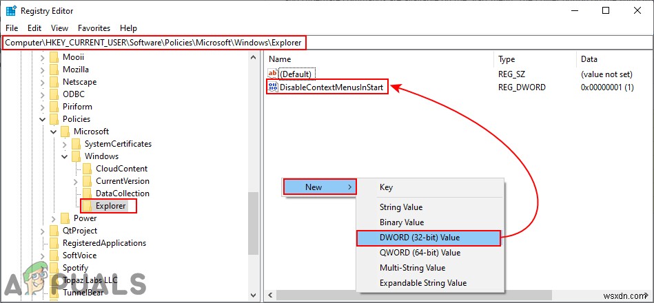 ปิดใช้งานเมนูบริบทใน Windows 10 File Explorer, เมนูเริ่ม &แถบงาน 