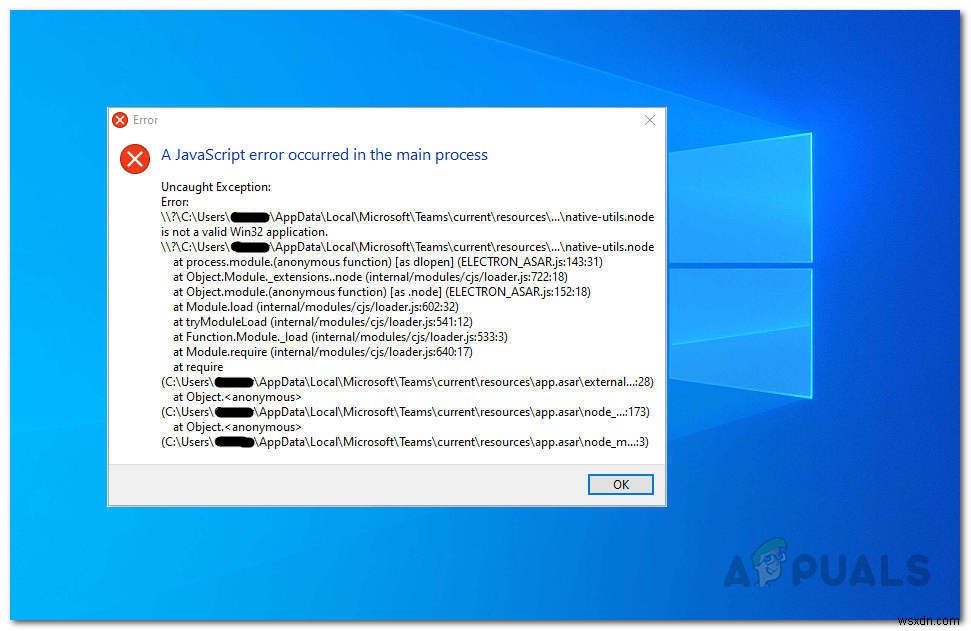 ข้อผิดพลาดข้อยกเว้น Javascript ใน Microsoft Teams บน Windows 10 