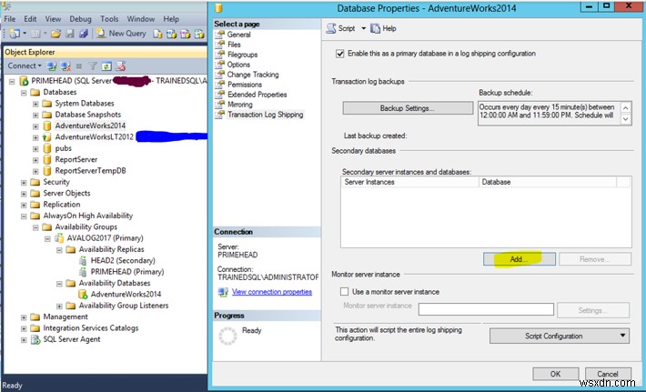 บันทึกการจัดส่ง Microsoft SQL Server บนฐานข้อมูล AlwaysOn ที่มีอยู่ 