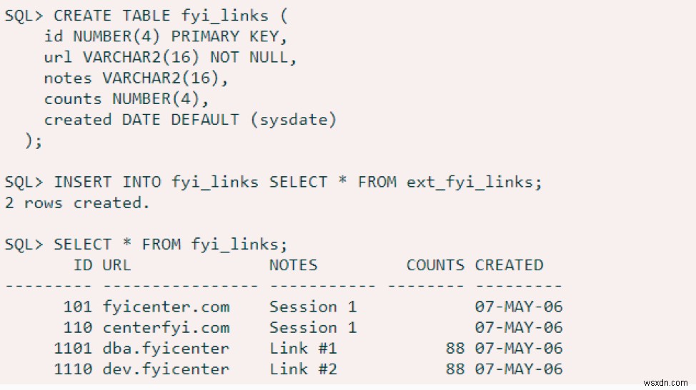 ใช้ตารางภายนอกของ Oracle 