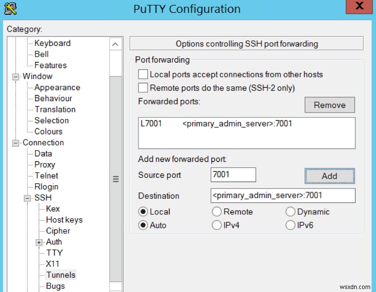 ตั้งค่าช่องสัญญาณ SSH เพื่อเข้าถึง Oracle WLS Administration Console 