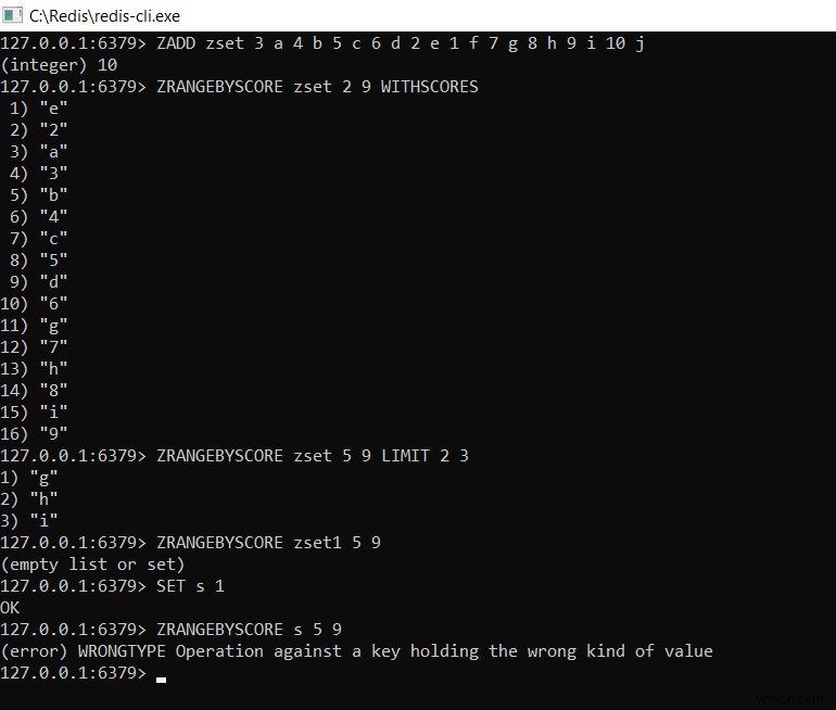 Redis ZRANGEBYSCORE – วิธีรับองค์ประกอบของชุดที่จัดเรียงตามช่วงคะแนนและในลำดับ asc 