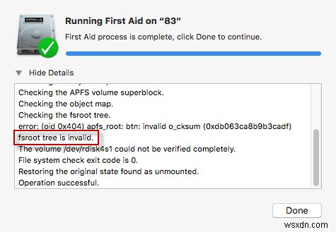 แก้ไข APFS fsroot tree ไม่ถูกต้องเมื่อตรวจสอบ fsroot tree ใน macOS