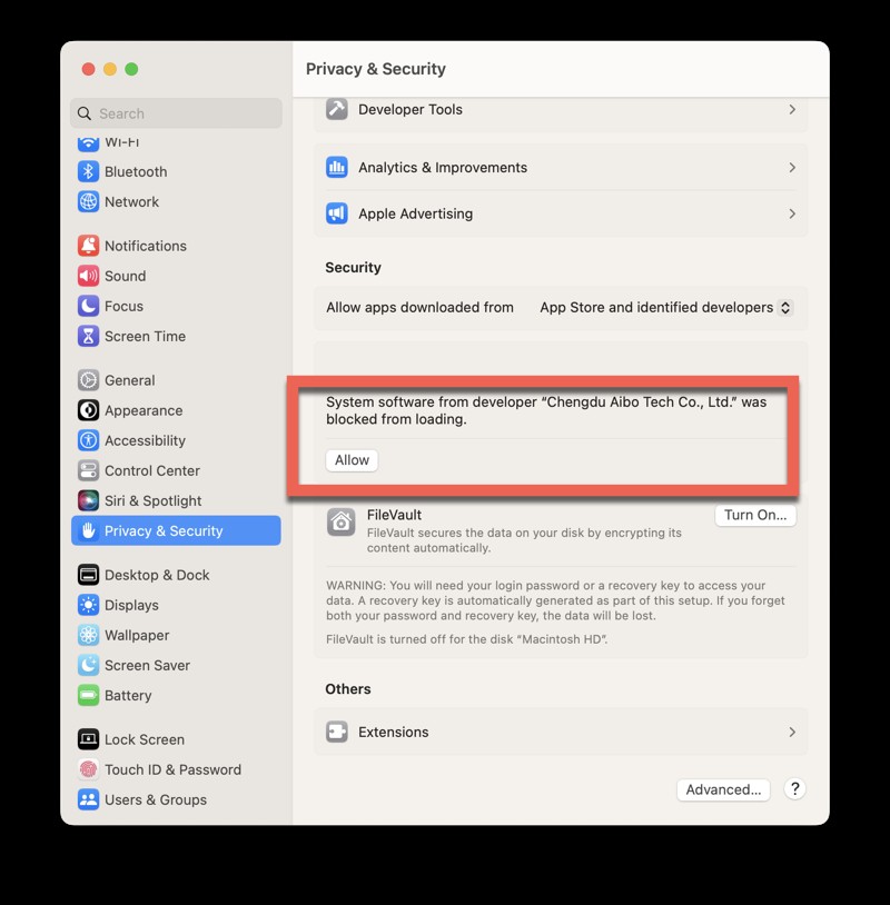อนุญาตให้ส่วนขยายระบบของ iBoysoft Data Recovery สำหรับ Mac โหลดบน Mac ด้วย Apple Silicon