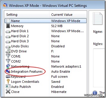เปิดใช้งานคุณสมบัติการรวมสำหรับเครื่องเสมือนโหมด XP 