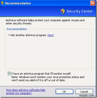 ปิดหรือลบ “คอมพิวเตอร์ของคุณอาจมีความเสี่ยง” ใน Windows XP