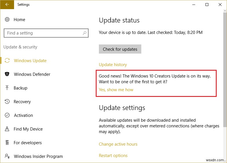 ปิดใช้งานการแจ้งเตือน Windows Creators Update ใน Windows Update 