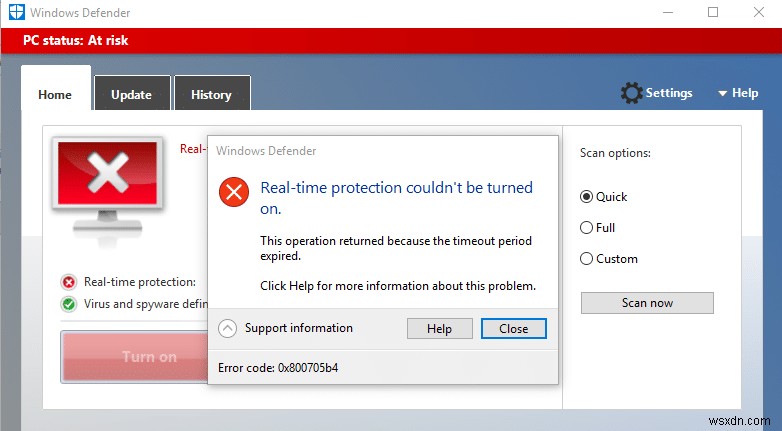 แก้ไขข้อผิดพลาด Window Defender 0x800705b4 