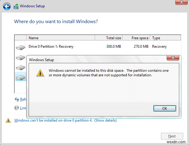 แก้ไขแล้ว:ไม่สามารถติดตั้ง Windows ลงในไดรฟ์ 0 