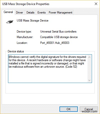 แก้ไข USB Error Code 52 Windows ไม่สามารถตรวจสอบลายเซ็นดิจิทัลได้ 