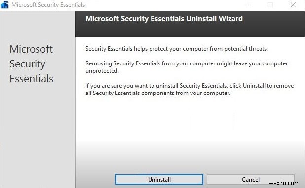 ถอนการติดตั้ง Microsoft Security Essentials ใน Windows 10 