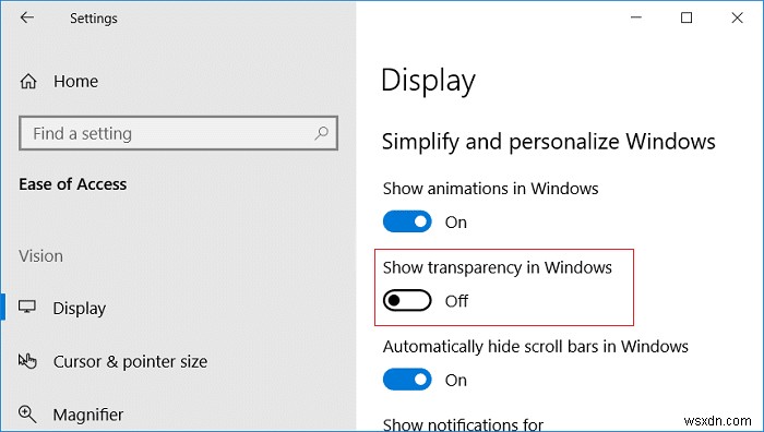 เปิดใช้งานหรือปิดใช้งานเอฟเฟกต์ความโปร่งใสใน Windows 10