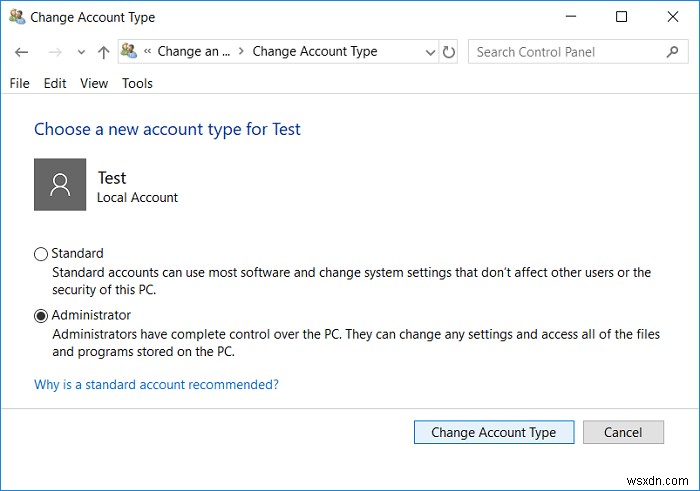 วิธีการเปลี่ยนประเภทบัญชีผู้ใช้ใน Windows 10